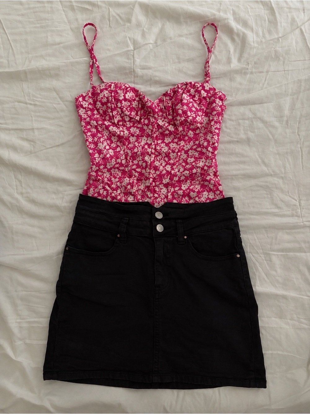 Zara Floral Corset Bodysuit XS PacSun Black Denim Skirt Size 23 Outfit Bundle